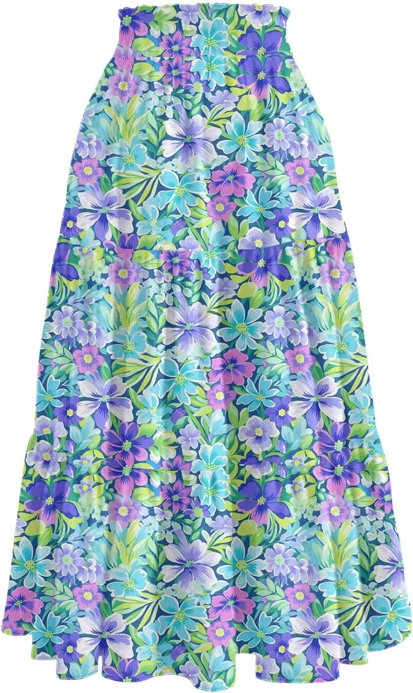 Floral Midi Skirts for Women Summer Tiered Drawstring High Waist Mid Calf Skirts Pleated A-Line Boho Skirt with Pocket