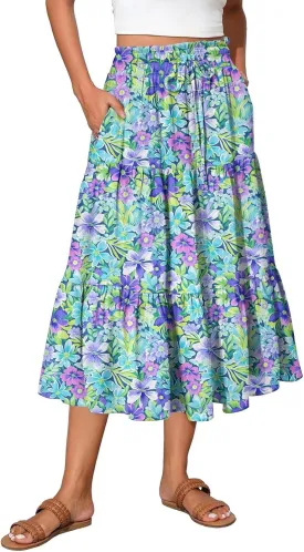 Floral Midi Skirts for Women Summer Tiered Drawstring High Waist Mid Calf Skirts Pleated A-Line Boho Skirt with Pocket