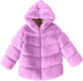 Girls Faux Fur Jacket Plush Sherpa Teddy Coat with Hood Toddler Winter Coats Warm Fuzzy Jackets Trendy Outerwear