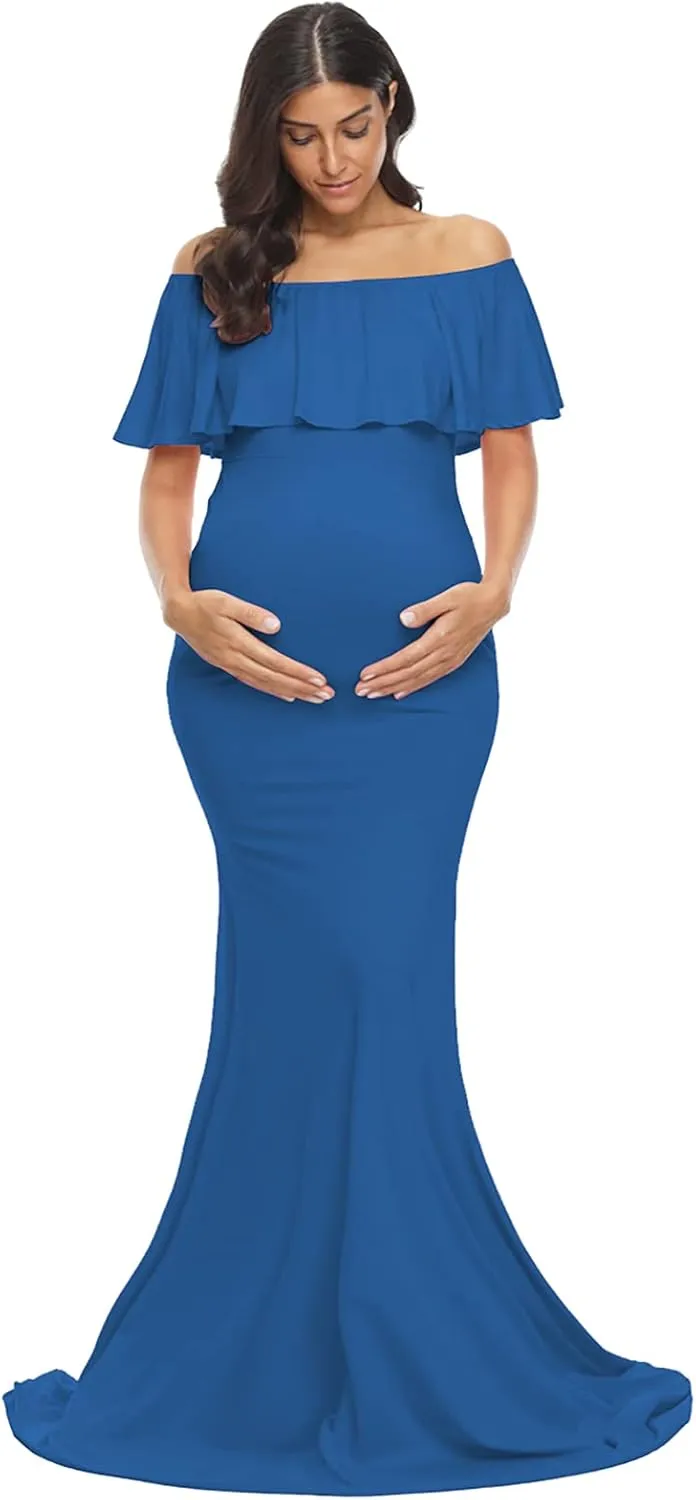 Glampunch Womens Off Shoulder Maternity Dress Ruffles Elegant Slim Gowns Fit Maxi Photography Dress