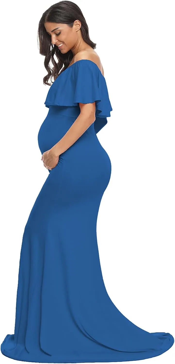 Glampunch Womens Off Shoulder Maternity Dress Ruffles Elegant Slim Gowns Fit Maxi Photography Dress