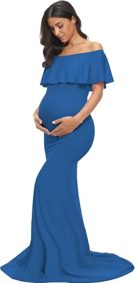 Glampunch Womens Off Shoulder Maternity Dress Ruffles Elegant Slim Gowns Fit Maxi Photography Dress
