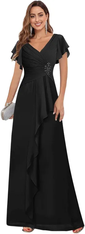 GUKARLEED Womens Ruffles Mother of The Bride Dresses Long V Neck Lace Appliques Formal Dress for Wedding Guest with Sleeves
