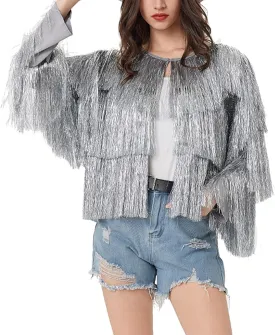 HGps8w Cropped Sequin Fringe Jackets for Women Sparkly Tassels Long Sleeve Open Front Outerwear Y2K Streetwear