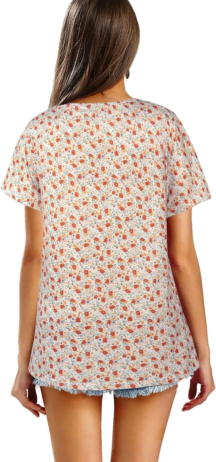 Hibluco Women's Summer Tops Short Sleeve Round Neck Floral Print Shirt Tunic Blouse