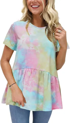 Hibluco Women's Summer Tops Short Sleeve Round Neck Floral Print Shirt Tunic Blouse