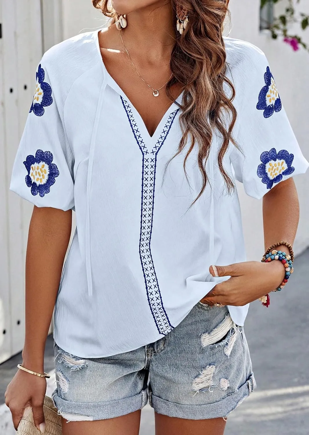 HVEPUO Summer Puff Short Sleeve Shirts for Women V Neck Boho Vacation Floral Embroidered Blouses Casual Cute Going Out Tops