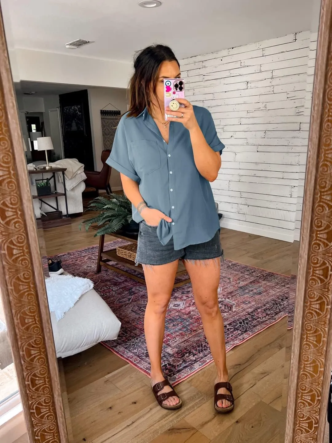 Inorin Womens Casual Short Sleeve Button Down Shirts V Neck Collared Shirt Tops Blouses with Pockets