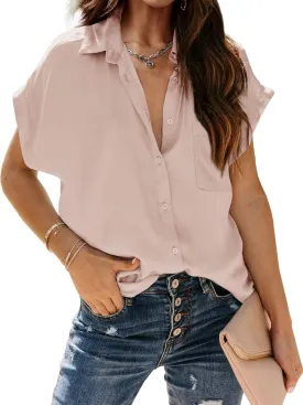 Inorin Womens Casual Short Sleeve Button Down Shirts V Neck Collared Shirt Tops Blouses with Pockets