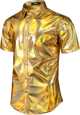 JOGAL Men's 70s Disco Shiny Metallic Gold Silver Short Sleeve Button Down Shirt