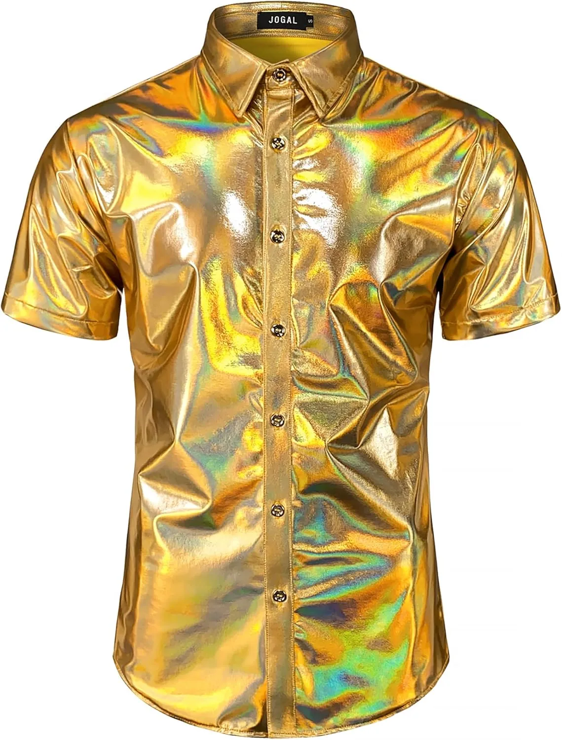 JOGAL Men's 70s Disco Shiny Metallic Gold Silver Short Sleeve Button Down Shirt