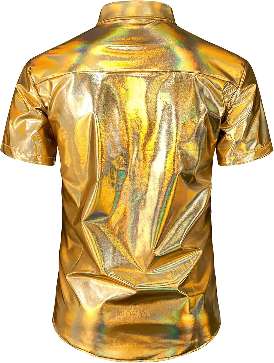JOGAL Men's 70s Disco Shiny Metallic Gold Silver Short Sleeve Button Down Shirt