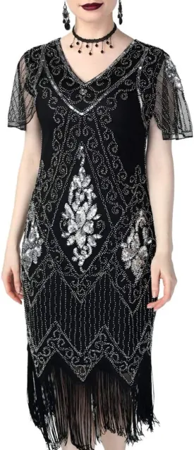 kayamiya Women's Flapper Dresses 1920s Sequins Art Deco Gatsby Cocktail Dress with Sleeve