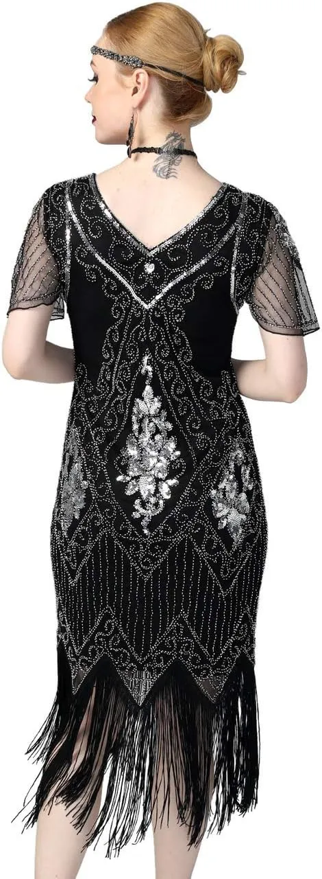 kayamiya Women's Flapper Dresses 1920s Sequins Art Deco Gatsby Cocktail Dress with Sleeve