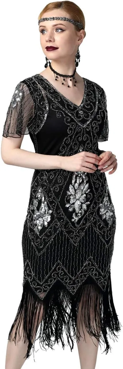 kayamiya Women's Flapper Dresses 1920s Sequins Art Deco Gatsby Cocktail Dress with Sleeve
