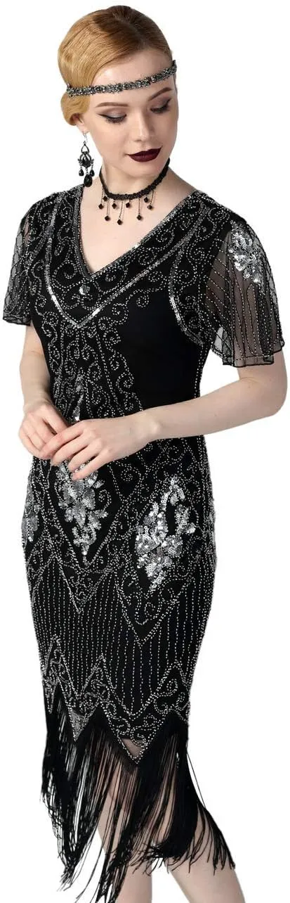 kayamiya Women's Flapper Dresses 1920s Sequins Art Deco Gatsby Cocktail Dress with Sleeve