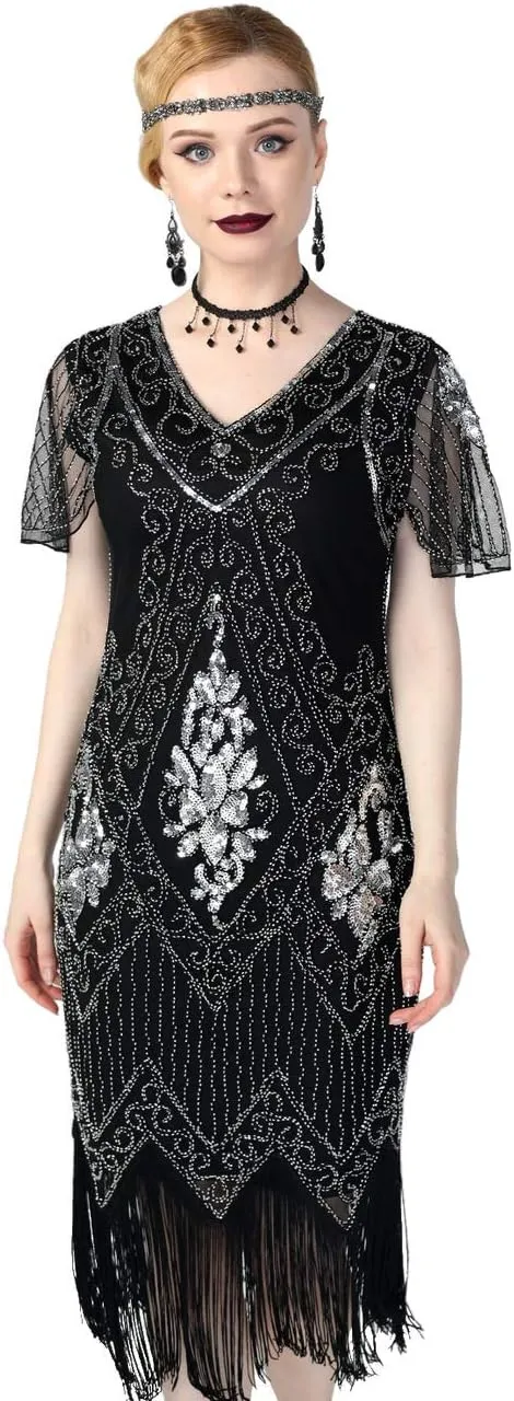 kayamiya Women's Flapper Dresses 1920s Sequins Art Deco Gatsby Cocktail Dress with Sleeve