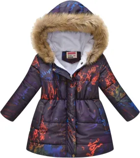 Kids Girls Winter Tie-Dye Print Windproof Warm Woolen Padded Fur Hooded Parkas Coat 2-10 Years