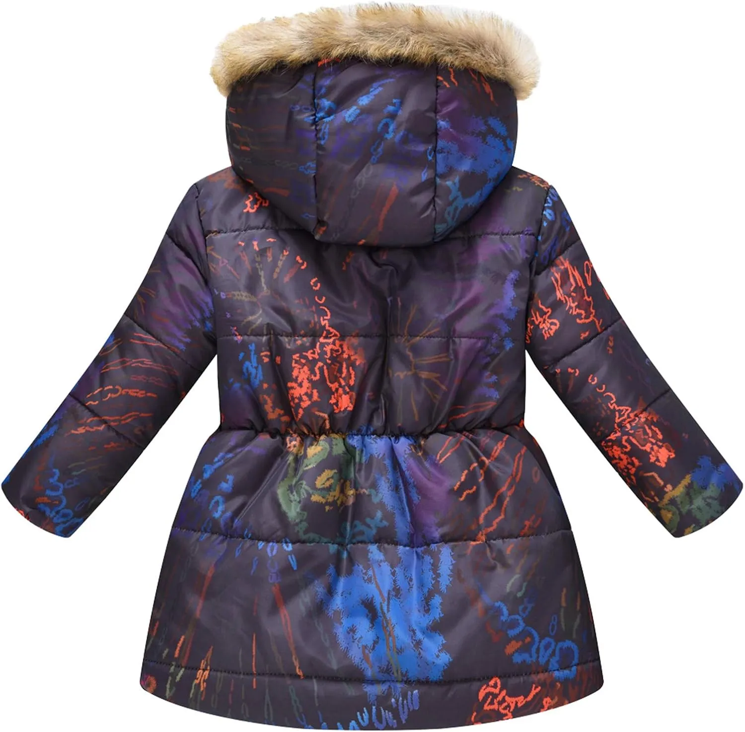 Kids Girls Winter Tie-Dye Print Windproof Warm Woolen Padded Fur Hooded Parkas Coat 2-10 Years