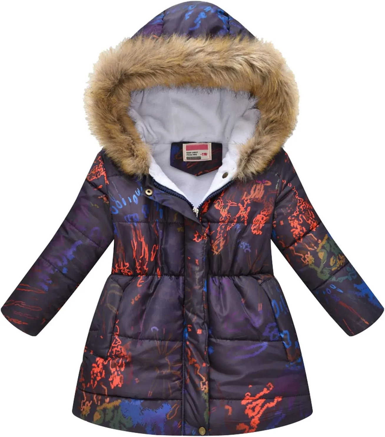 Kids Girls Winter Tie-Dye Print Windproof Warm Woolen Padded Fur Hooded Parkas Coat 2-10 Years