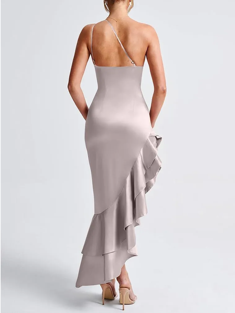 LAGSHIAN Women's Elegant One Shoulder Ruched Asymmetric Ruffle Satin Cocktail Party Maxi Dress