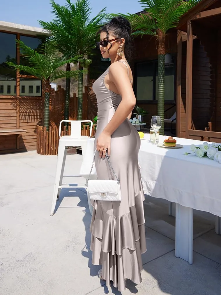 LAGSHIAN Women's Elegant One Shoulder Ruched Asymmetric Ruffle Satin Cocktail Party Maxi Dress