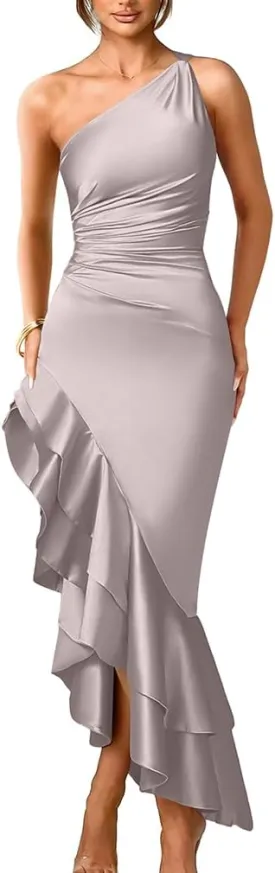 LAGSHIAN Women's Elegant One Shoulder Ruched Asymmetric Ruffle Satin Cocktail Party Maxi Dress