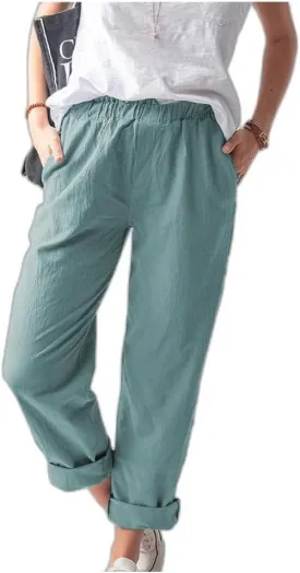 Linen Pants for Women, Pure Color Pleating Lightweight Pant, Elastic Waist Casual Trousers Baggy Athletic Pockets Joggers