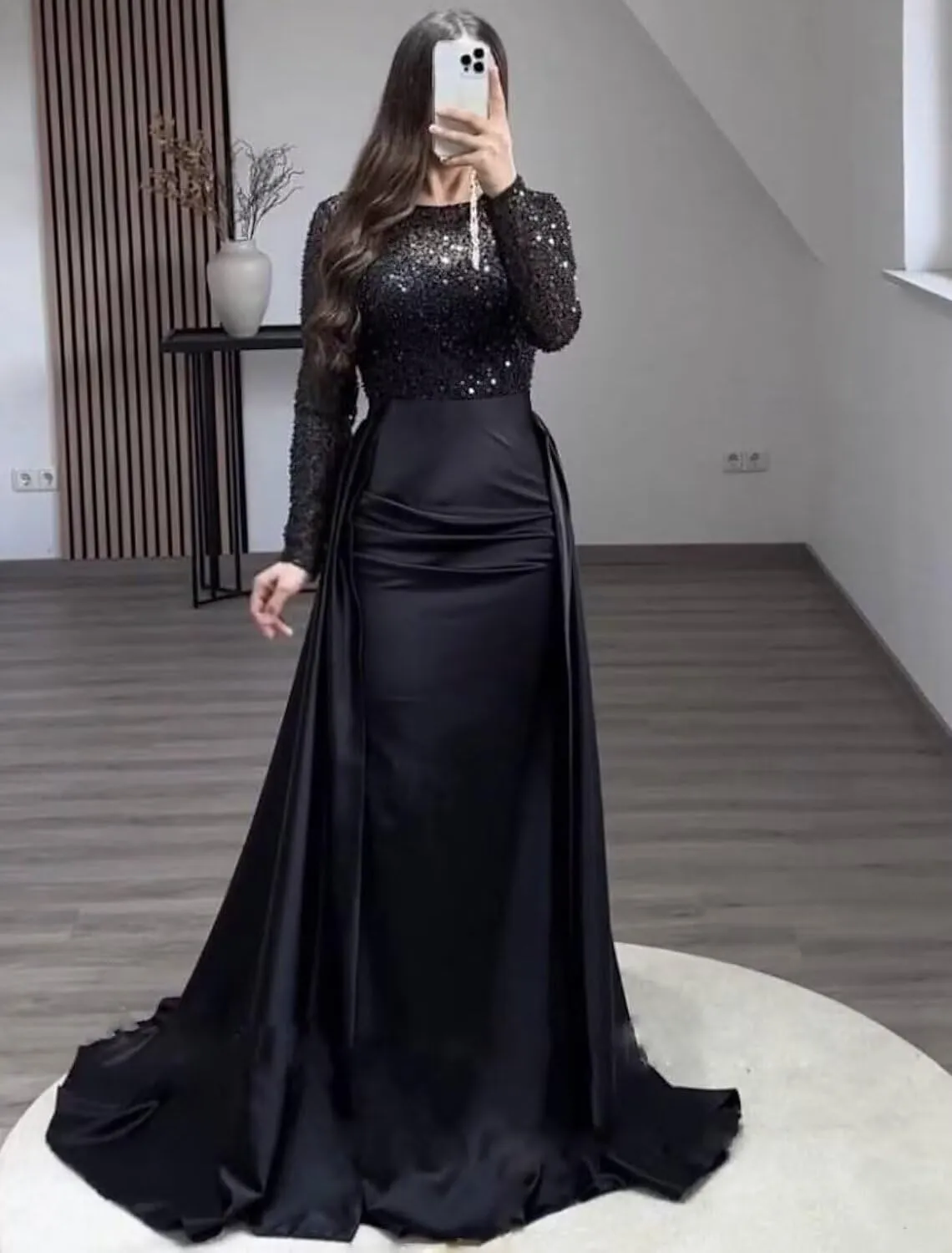 Long Sleeve Satin Prom Dresses Long Mermaid Sequin Formal Wedding Guest Evening Gowns with Train XPD02