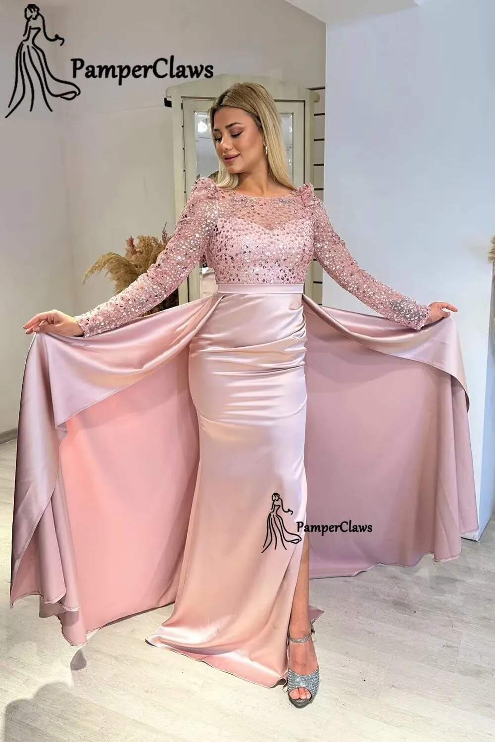 Long Sleeve Satin Prom Dresses Long Mermaid Sequin Formal Wedding Guest Evening Gowns with Train XPD02