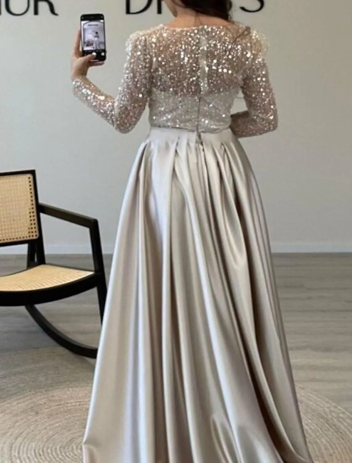 Long Sleeve Satin Prom Dresses Long Mermaid Sequin Formal Wedding Guest Evening Gowns with Train XPD02