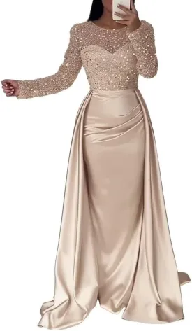 Long Sleeve Satin Prom Dresses Long Mermaid Sequin Formal Wedding Guest Evening Gowns with Train XPD02