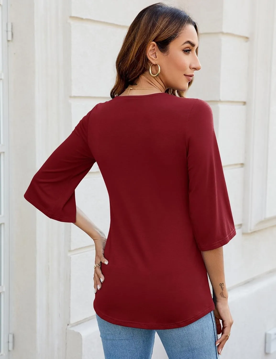 LUYAA Women's 3/4 Sleeve Tops Dressy Casual Summer Cut Out Twist Knot Elegant Blouse Tunics