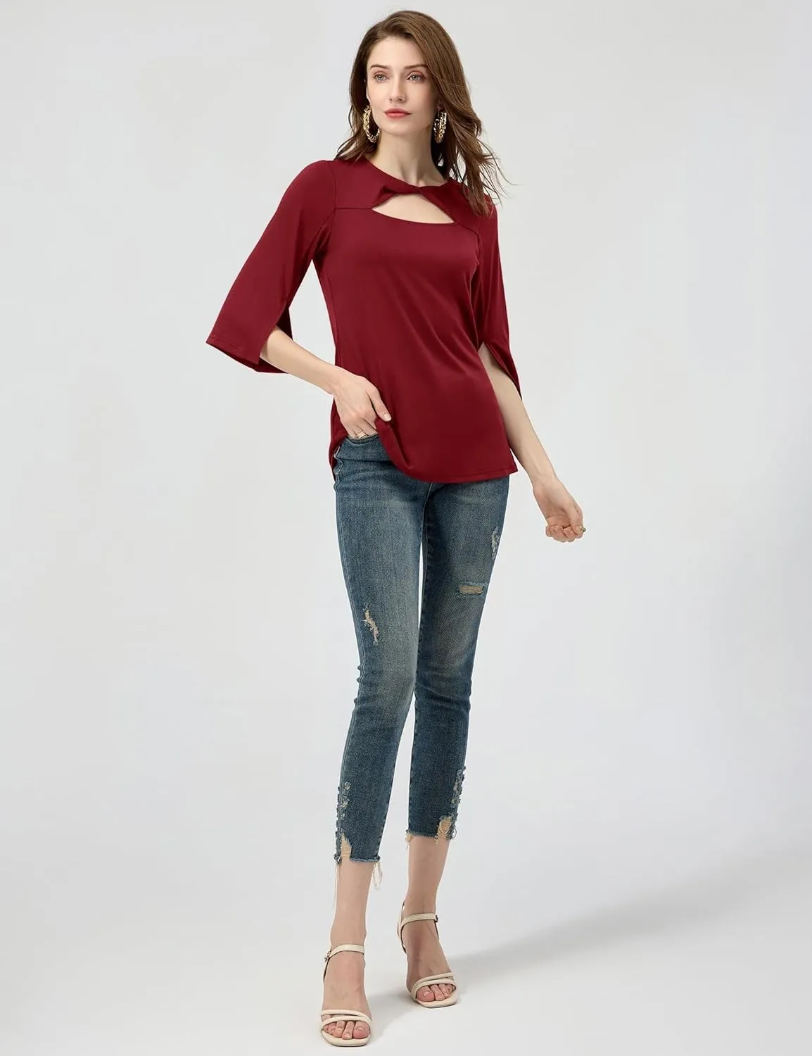 LUYAA Women's 3/4 Sleeve Tops Dressy Casual Summer Cut Out Twist Knot Elegant Blouse Tunics