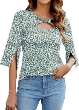 LUYAA Women's 3/4 Sleeve Tops Dressy Casual Summer Cut Out Twist Knot Elegant Blouse Tunics