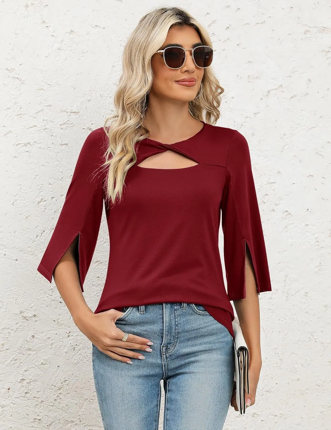 LUYAA Women's 3/4 Sleeve Tops Dressy Casual Summer Cut Out Twist Knot Elegant Blouse Tunics