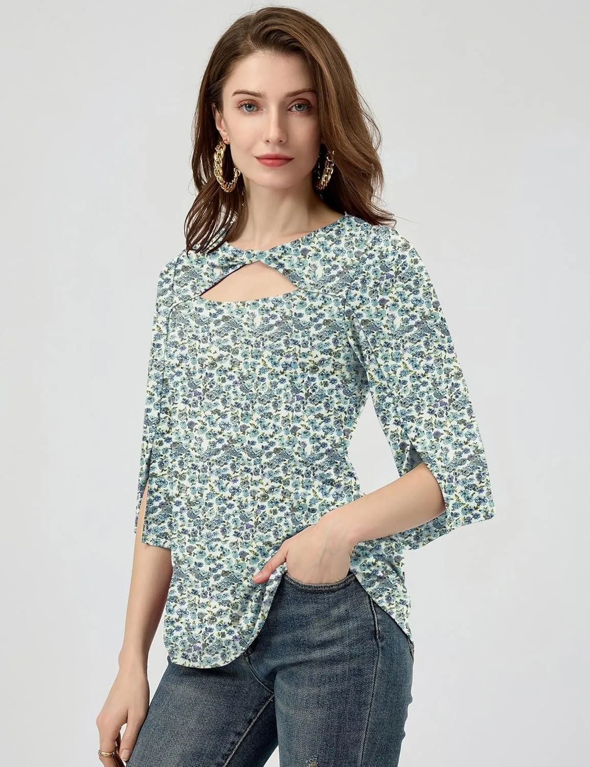 LUYAA Women's 3/4 Sleeve Tops Dressy Casual Summer Cut Out Twist Knot Elegant Blouse Tunics