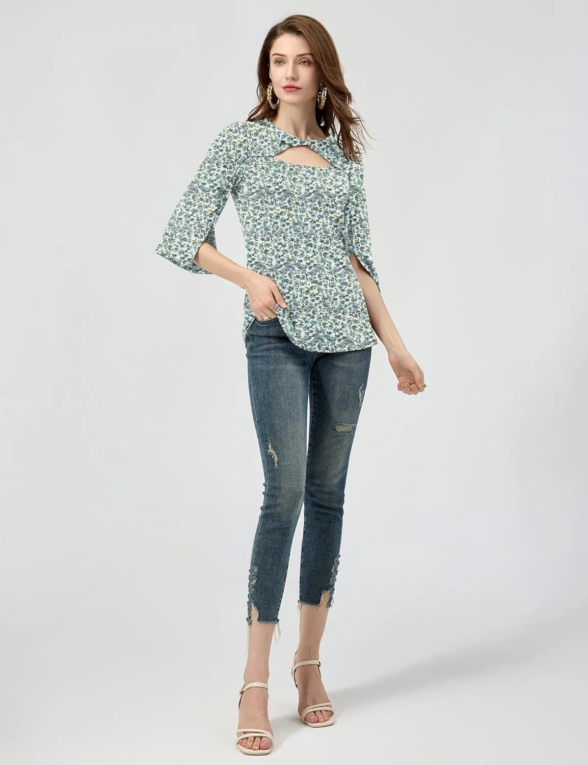 LUYAA Women's 3/4 Sleeve Tops Dressy Casual Summer Cut Out Twist Knot Elegant Blouse Tunics