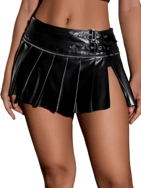 MakeMeChic Women's PU Leather Y2K Skirts Low Waisted Buckle Belted Pleated Mini Skater Skirts
