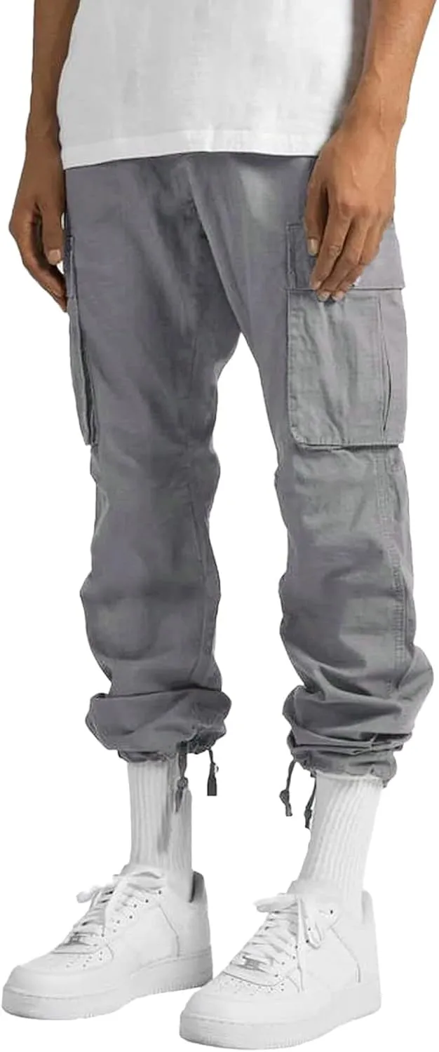 Mens Cargo Pants Plus Size Drawstring Elastic Waist Fall Work Pants Casual Plain Sport Trousers with Multi Pockets