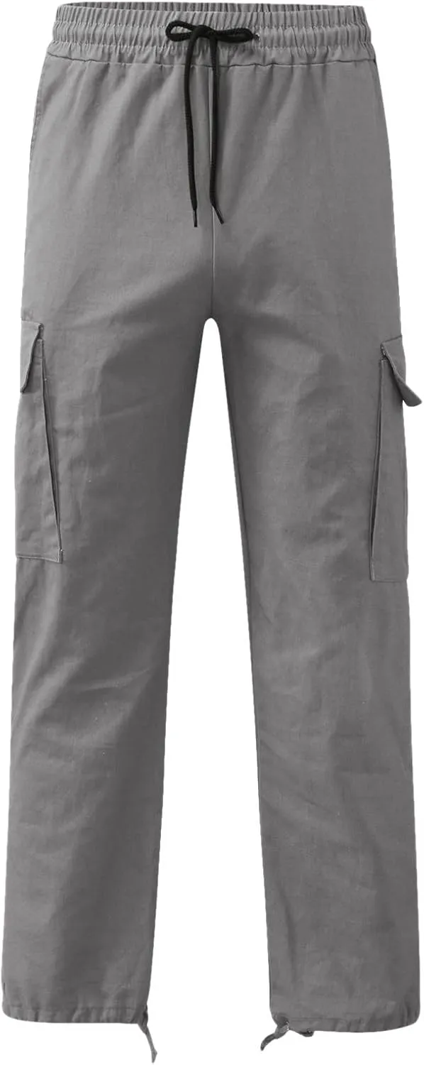 Mens Cargo Pants Plus Size Drawstring Elastic Waist Fall Work Pants Casual Plain Sport Trousers with Multi Pockets