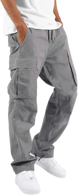 Mens Cargo Pants Plus Size Drawstring Elastic Waist Fall Work Pants Casual Plain Sport Trousers with Multi Pockets