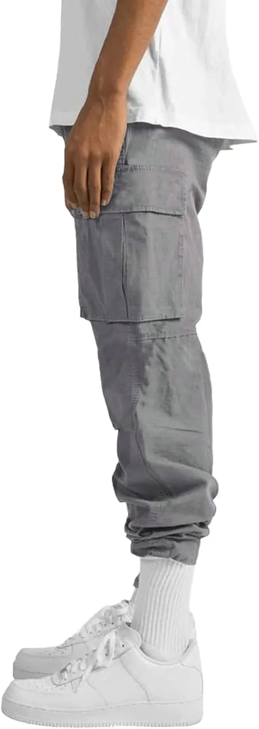 Mens Cargo Pants Plus Size Drawstring Elastic Waist Fall Work Pants Casual Plain Sport Trousers with Multi Pockets