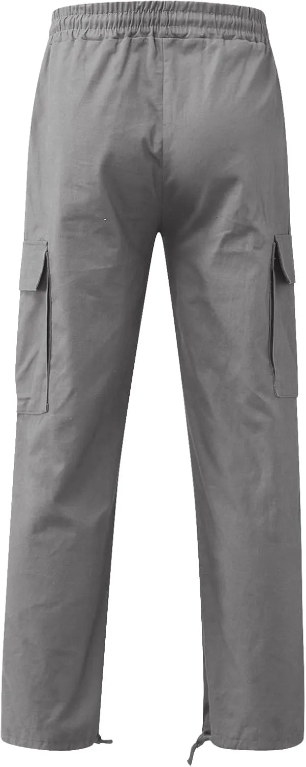 Mens Cargo Pants Plus Size Drawstring Elastic Waist Fall Work Pants Casual Plain Sport Trousers with Multi Pockets