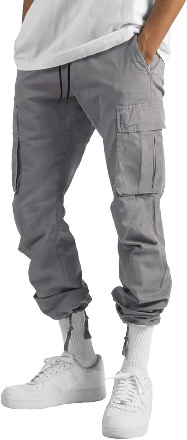 Mens Cargo Pants Plus Size Drawstring Elastic Waist Fall Work Pants Casual Plain Sport Trousers with Multi Pockets