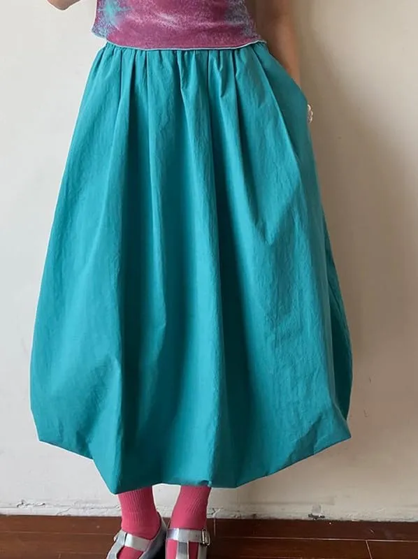 NUFIWI Women Low Waist A Line Ruffle Bubble Long Skirts Solid Pleated Maxi Skirts Casual Summer Balloon Puffy Midi Skirts