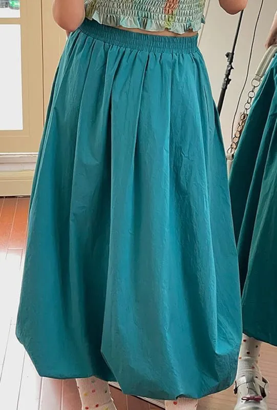 NUFIWI Women Low Waist A Line Ruffle Bubble Long Skirts Solid Pleated Maxi Skirts Casual Summer Balloon Puffy Midi Skirts