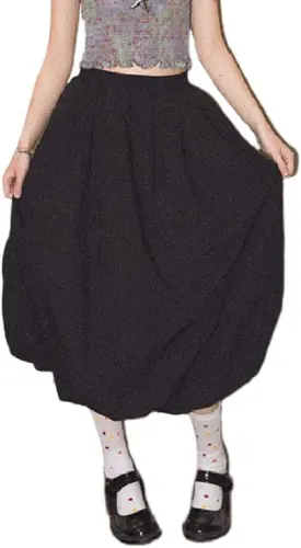 NUFIWI Women Low Waist A Line Ruffle Bubble Long Skirts Solid Pleated Maxi Skirts Casual Summer Balloon Puffy Midi Skirts