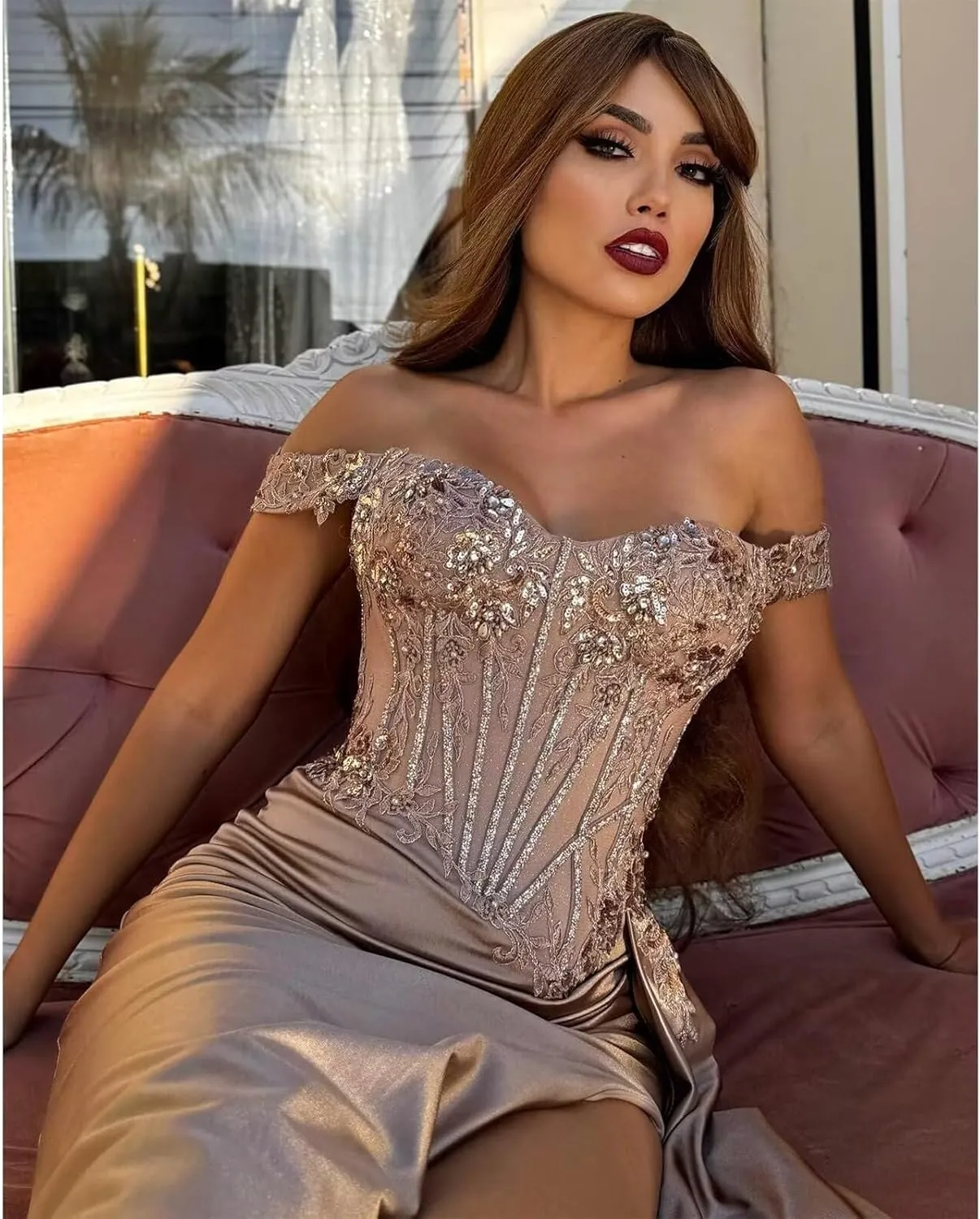 Off Shoulder Lace Applique Prom Dress for Women 2025 Long Satin Mermaid Formal Evening Party Gowns with Slit