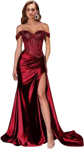 Off Shoulder Lace Applique Prom Dress for Women 2025 Long Satin Mermaid Formal Evening Party Gowns with Slit